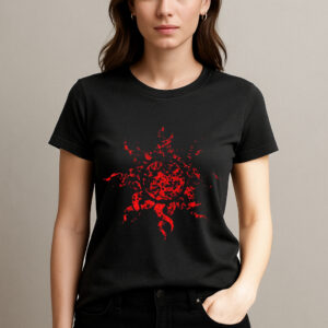 Women's Black Cotton T-Shirt with Red Abstract Sun Print