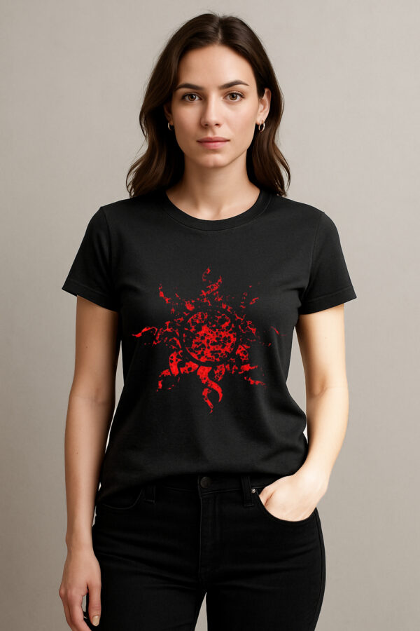Women's Black Cotton T-Shirt with Red Abstract Sun Print